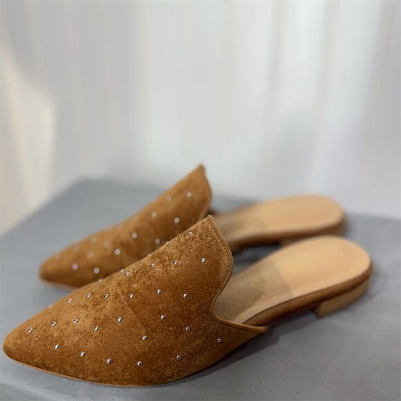 Mi.iM Brown Studded Leather Mules Slides Sz 7 Pointed Toe Flat Loafers Boho - Picture 1 of 8